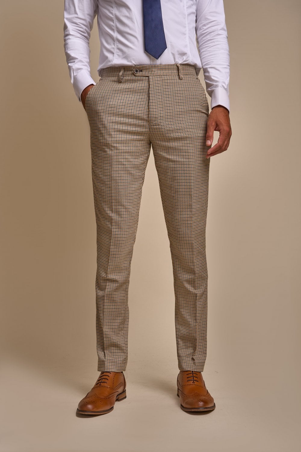 Cavani Elwood Houndstooth Beige Tan Check Three Piece Suit