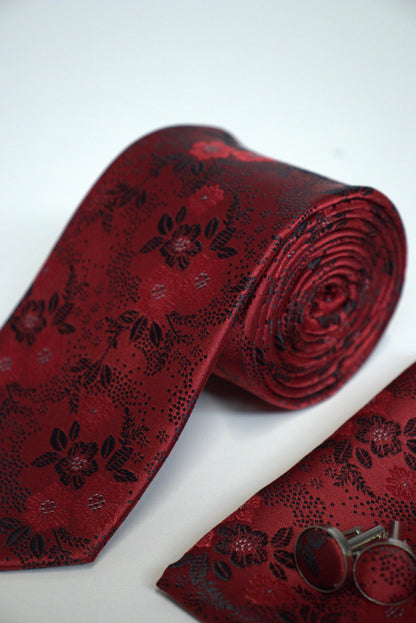 Vivid Red Floral Tie Set