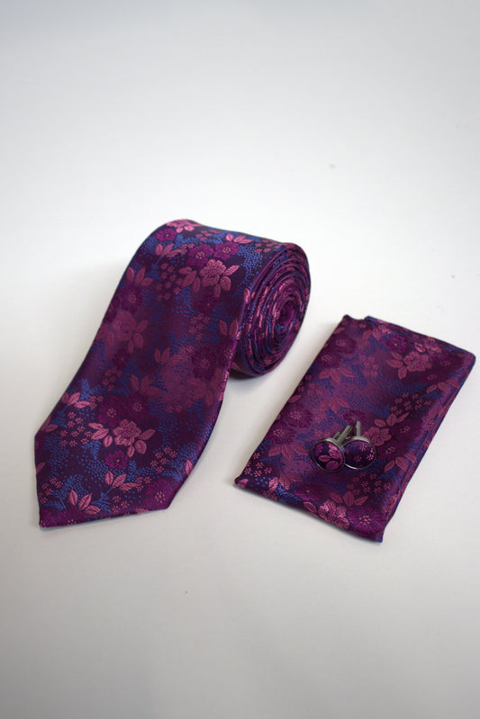 Vivid Violet Purple, Pink & Blue Floral Tie Set