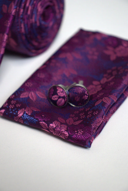 Vivid Violet Purple, Pink & Blue Floral Tie Set