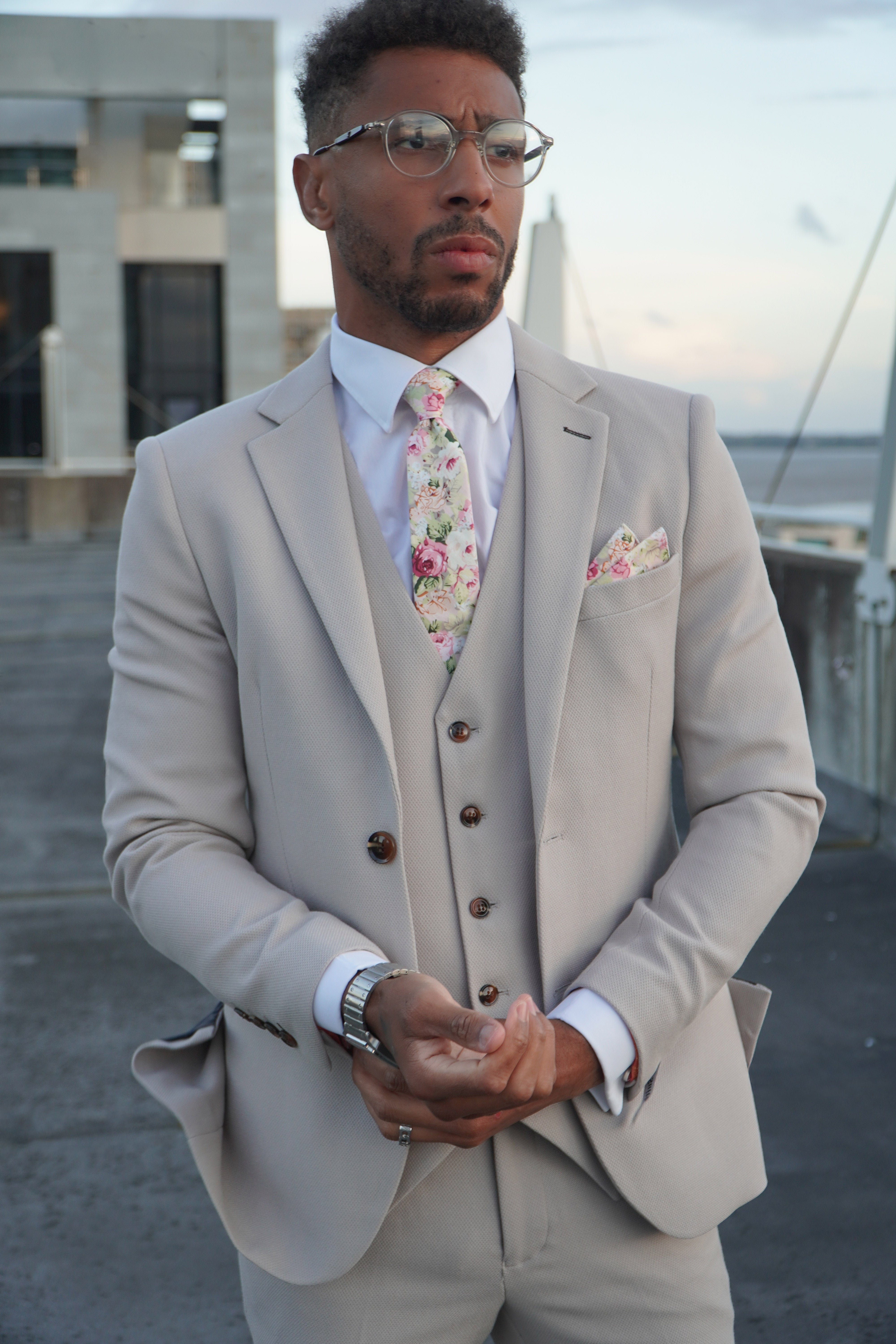 Escobar Stone Three Piece Suit by SUITBAE – clean stone wedding suit for spring and summer events with crisp tailored fit.