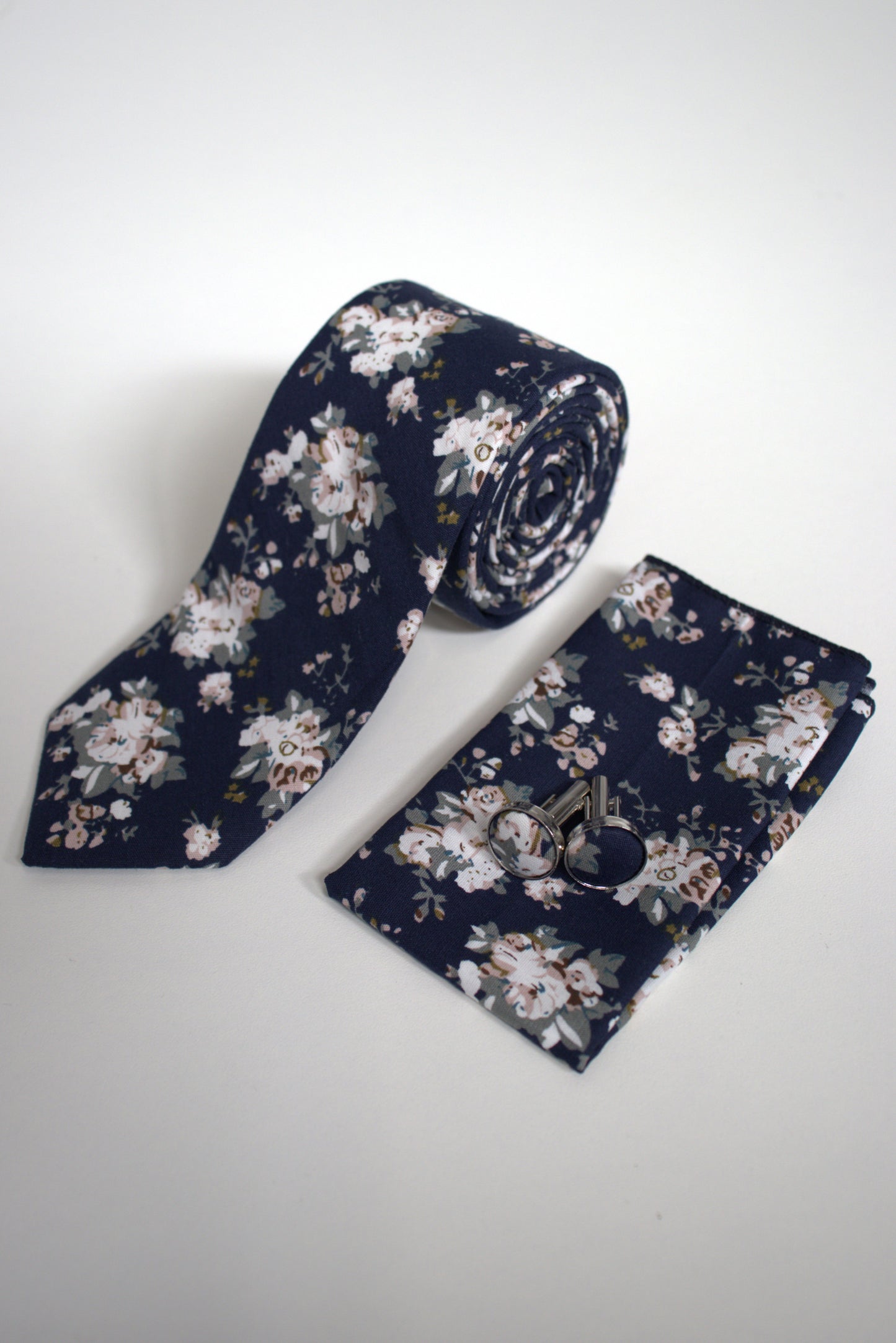 Navy floral tie set with matching pocket square and cufflinks, men’s wedding and prom accessories