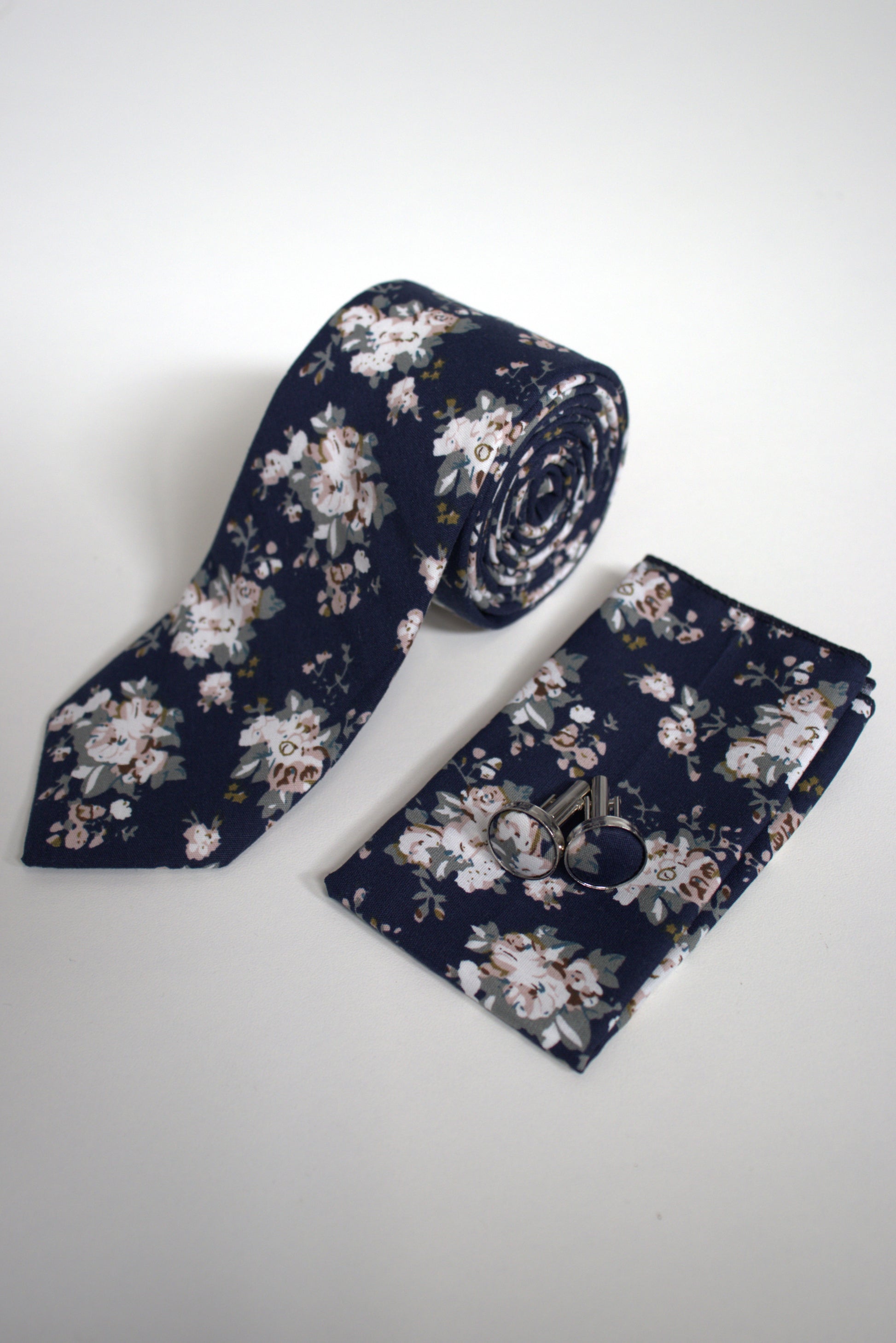 Navy floral tie set with matching pocket square and cufflinks, men’s wedding and prom accessories