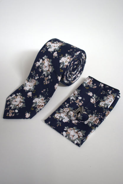 Navy floral tie set with matching pocket square and cufflinks, men’s wedding and prom accessories