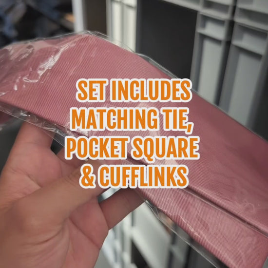 Close-up video showing mauve pink tie, pocket square and cufflinks set, perfect for grooms, groomsmen and formal events