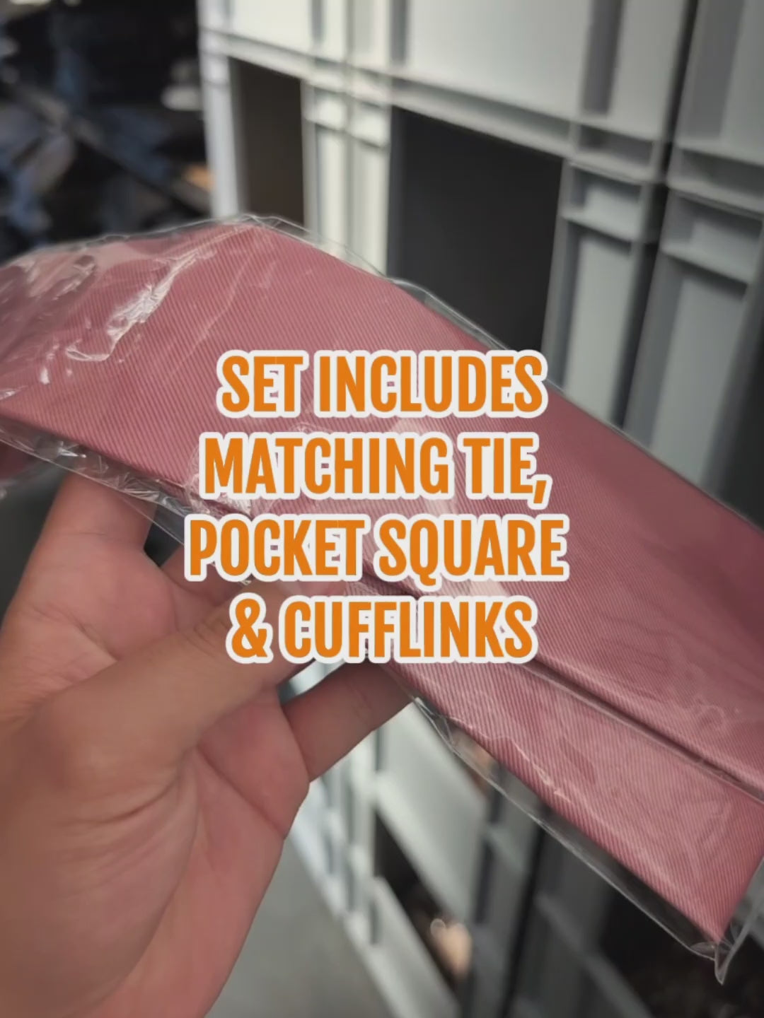 Close-up video showing mauve pink tie, pocket square and cufflinks set, perfect for grooms, groomsmen and formal events