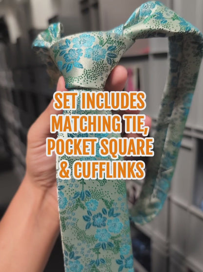 Vivid Turquoise / Cyan Floral Tie Set