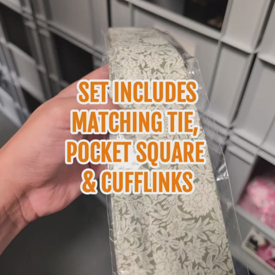 Sage green floral tie set video display, men’s pocket square and cufflinks set for grooms, proms and race day outfits