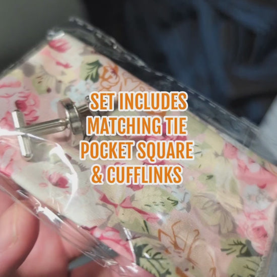 This video showcases the floral pink tie set with matching pocket square and cufflinks. A stylish men’s accessory perfect for weddings, proms, races and groomsmen gifts.