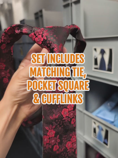 Dark Red Vivid Floral Tie Set