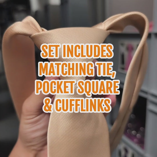 Video of champagne ivory satin tie set with pocket square and cufflinks, men’s accessories for weddings, proms and the races