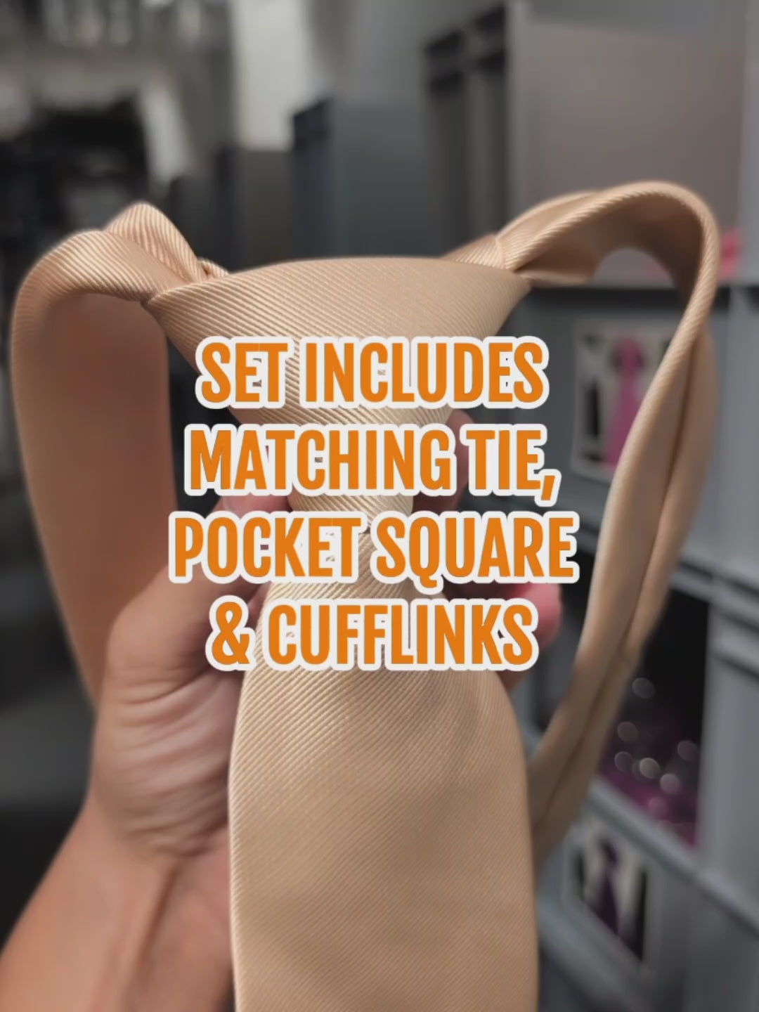 Video of champagne ivory satin tie set with pocket square and cufflinks, men’s accessories for weddings, proms and the races