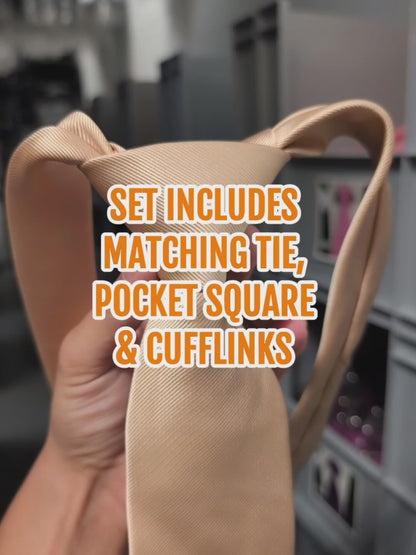 Video of champagne ivory satin tie set with pocket square and cufflinks, men’s accessories for weddings, proms and the races