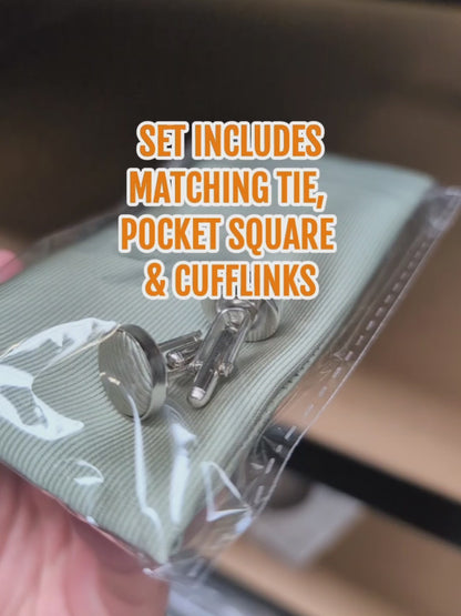 Video of sage green tie set with pocket square and cufflinks, stylish men’s wedding and prom accessories.