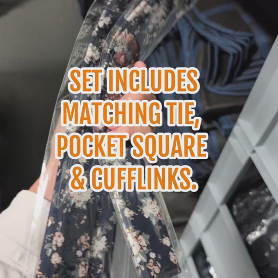 Video of navy floral tie set with matching pocket square and cufflinks, men’s accessories for weddings, proms and races