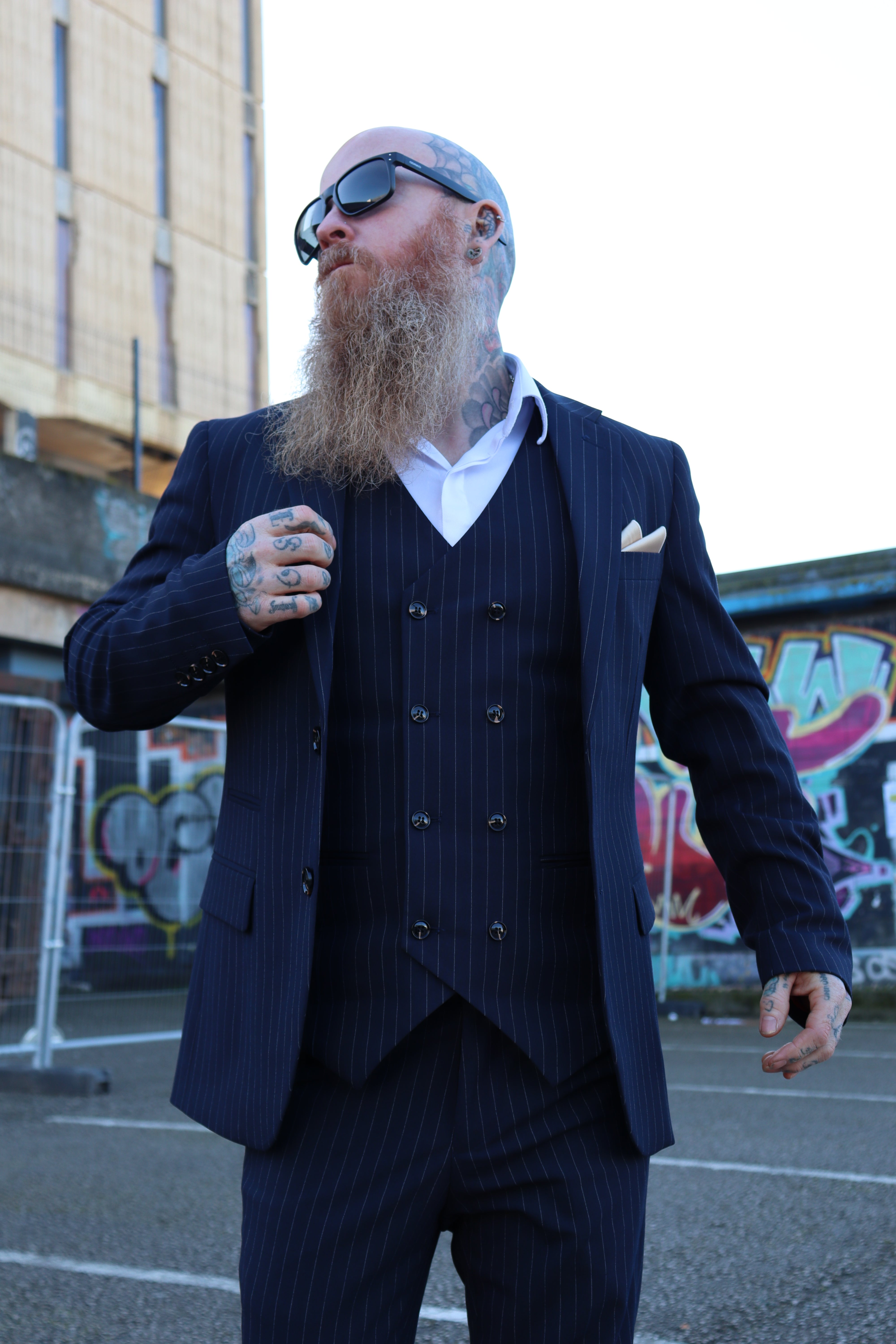 SUITBAE Navy Pinstripe Three Piece Suit, classic navy pinstripe ideal for men with grey hair at weddings and formal events.