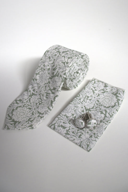 Sage green and white floral tie set with matching pocket square and cufflinks, men’s accessories for weddings, proms and the races