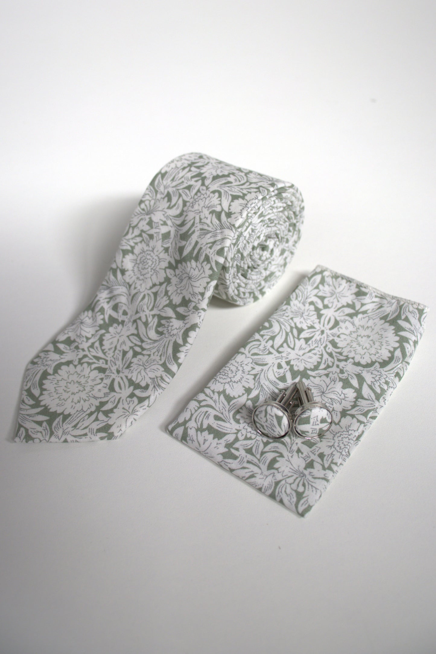 Sage green and white floral tie set with matching pocket square and cufflinks, men’s accessories for weddings, proms and the races
