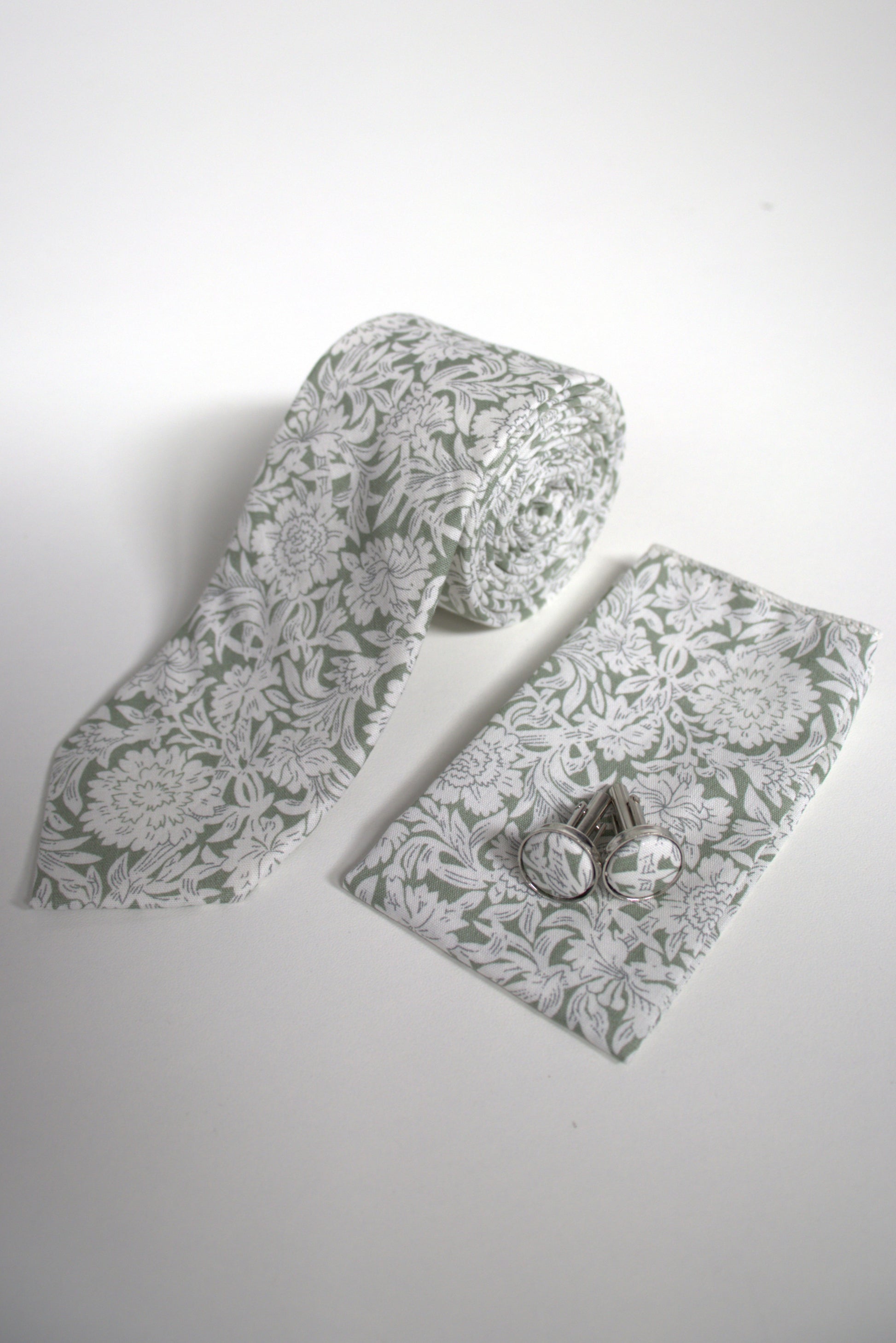 Sage green and white floral tie set with matching pocket square and cufflinks, men’s accessories for weddings, proms and the races