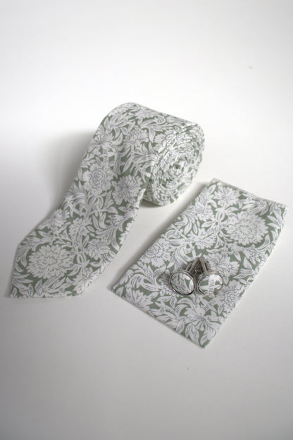 Sage green and white floral tie set with matching pocket square and cufflinks, men’s accessories for weddings, proms and the races