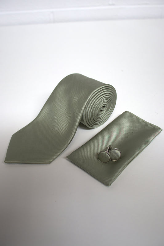 Sage green tie set with matching pocket square and cufflinks for weddings, proms, and formal occasions.