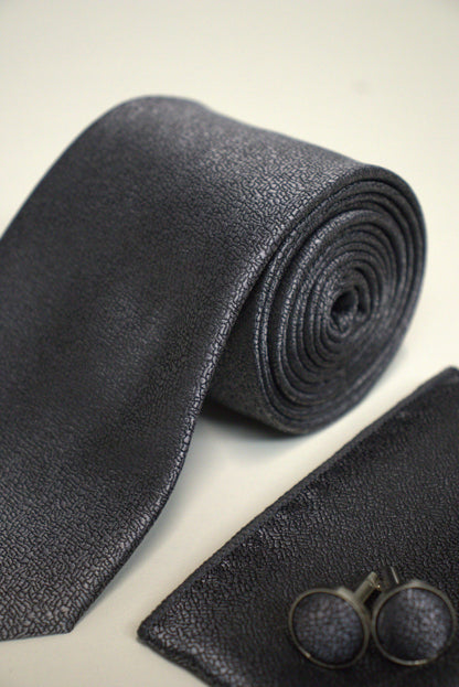 Charcoal Metallic Silver / Grey Textured Tie Set
