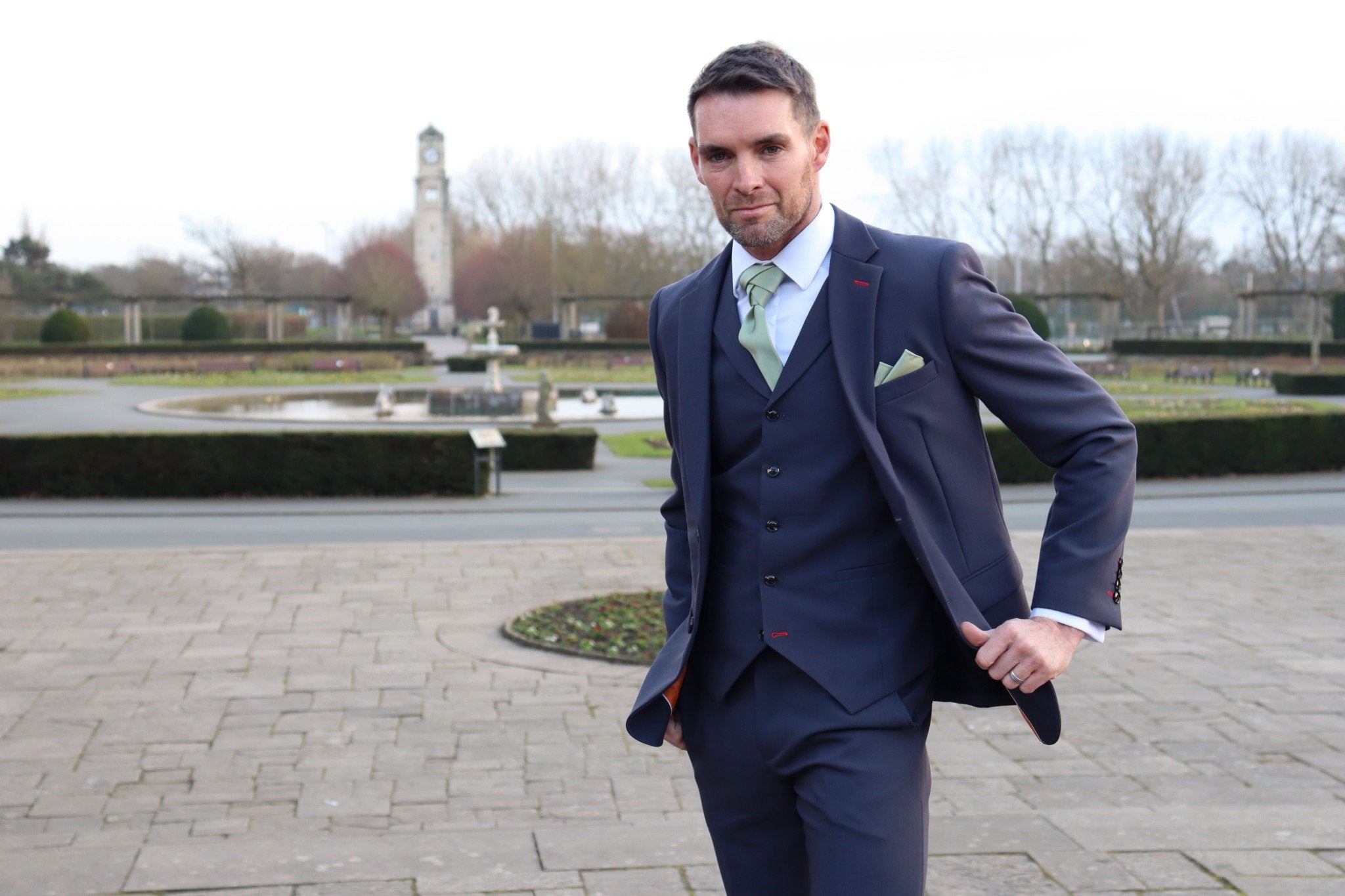 Jake Midnight Three Piece Suit by SUITBAE – slate blue suit with grey undertones for a modern 2026 formal look.