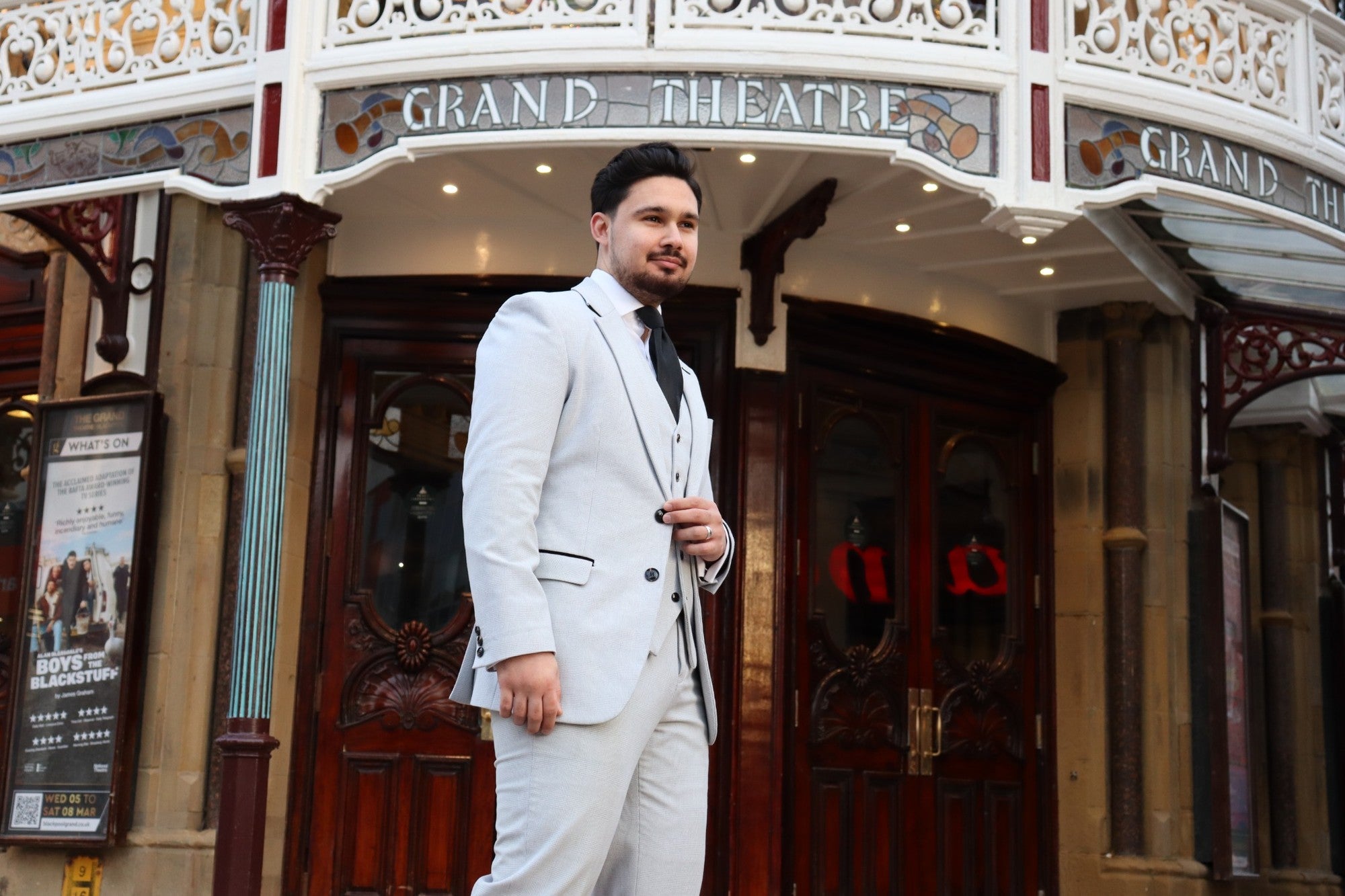 Charles Stone Three Piece Suit by SUITBAE – soft stone suit with clean lines, ideal for shorter grooms and wedding guests.