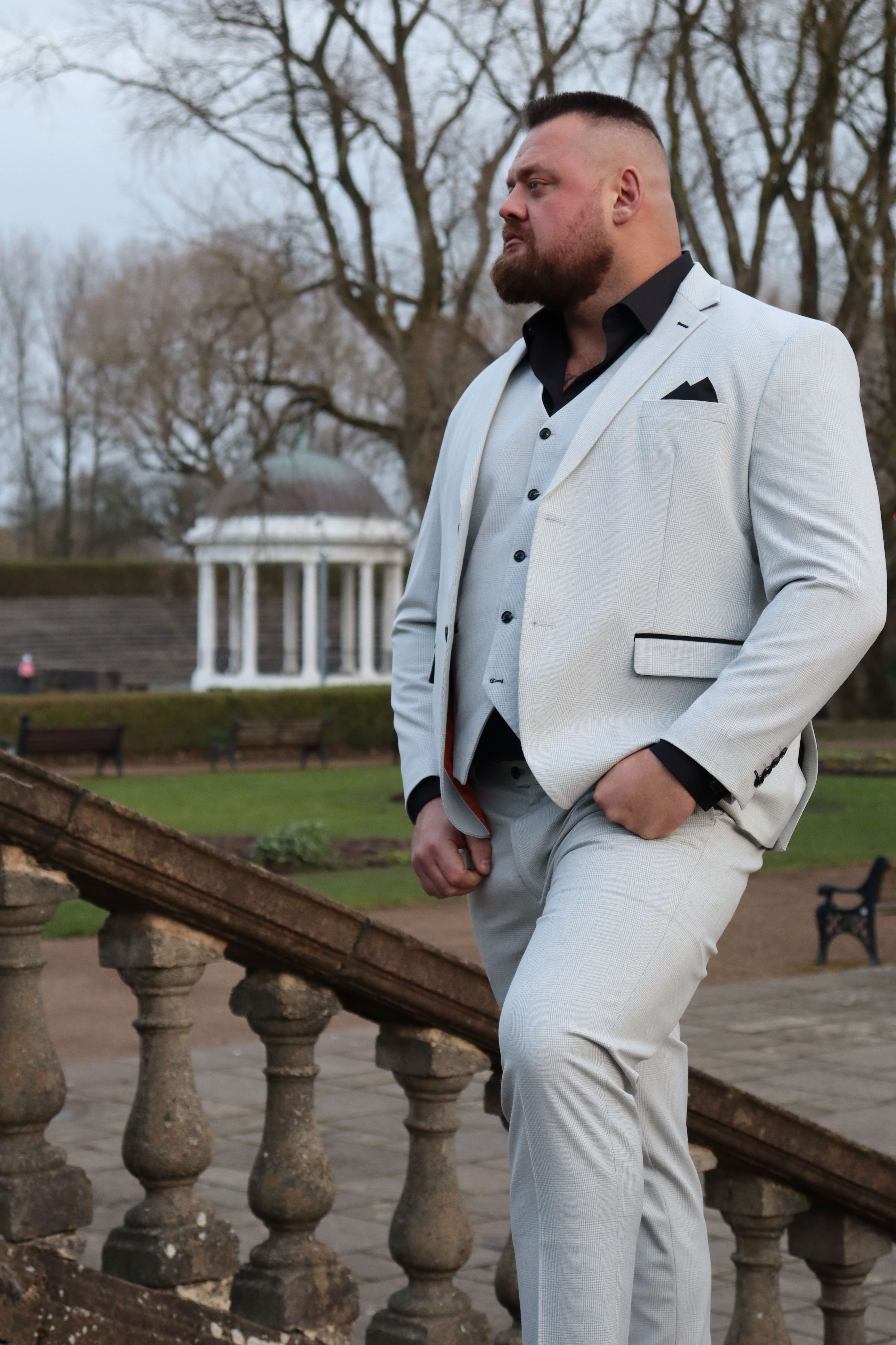 Stone checked prom suit for bigger lads – SUITBAE Charles Stone Three-Piece Suit for 2026 proms.