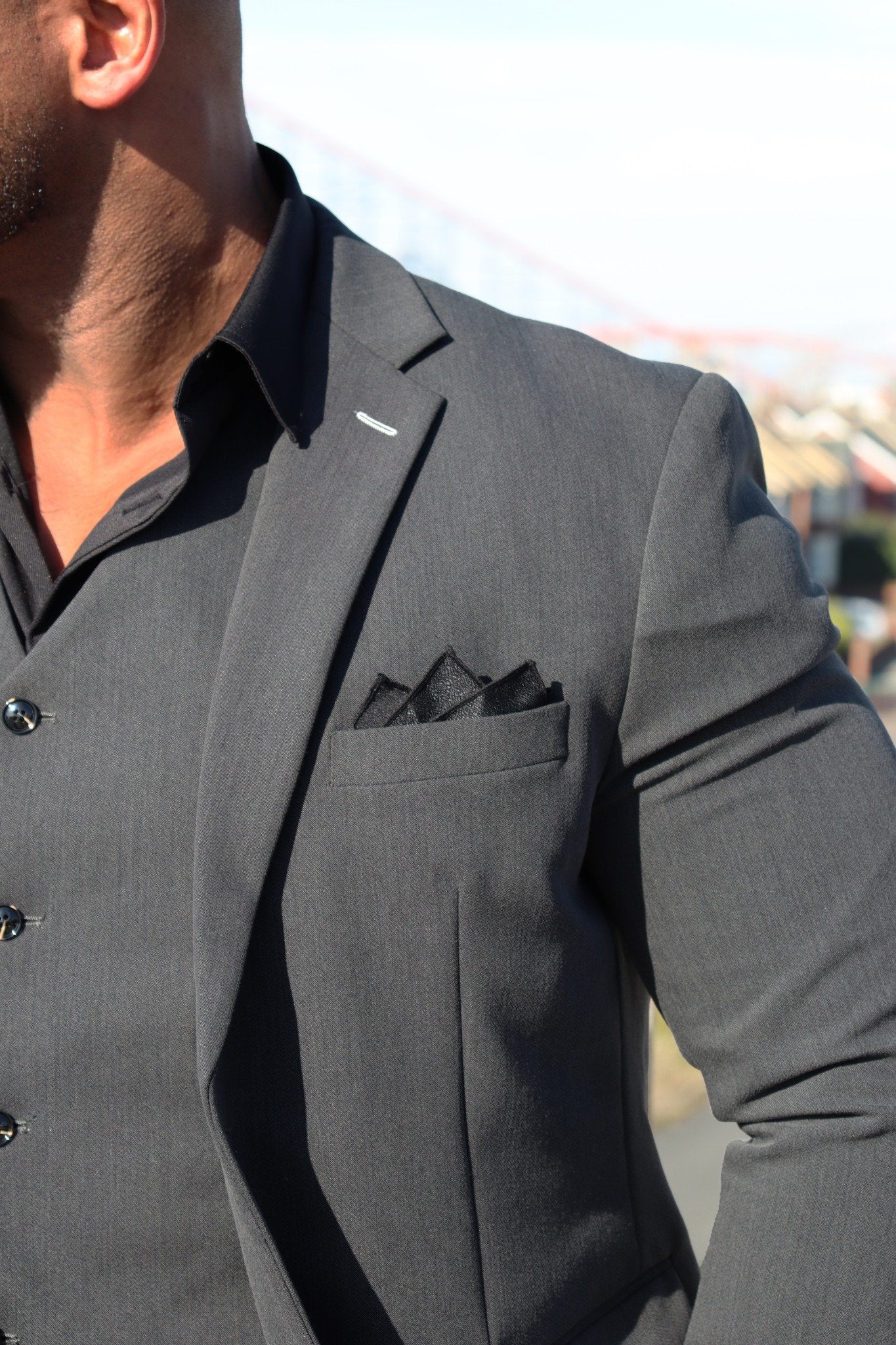 Model wearing the SUITBAE Lawrence Navy Double-Breasted Three-Piece Suit — deep navy colour, perfect for proms, weddings, and all occasions.