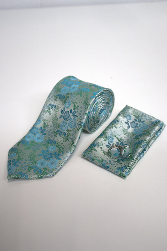 Vivid Turquoise / Cyan Floral Tie Set
