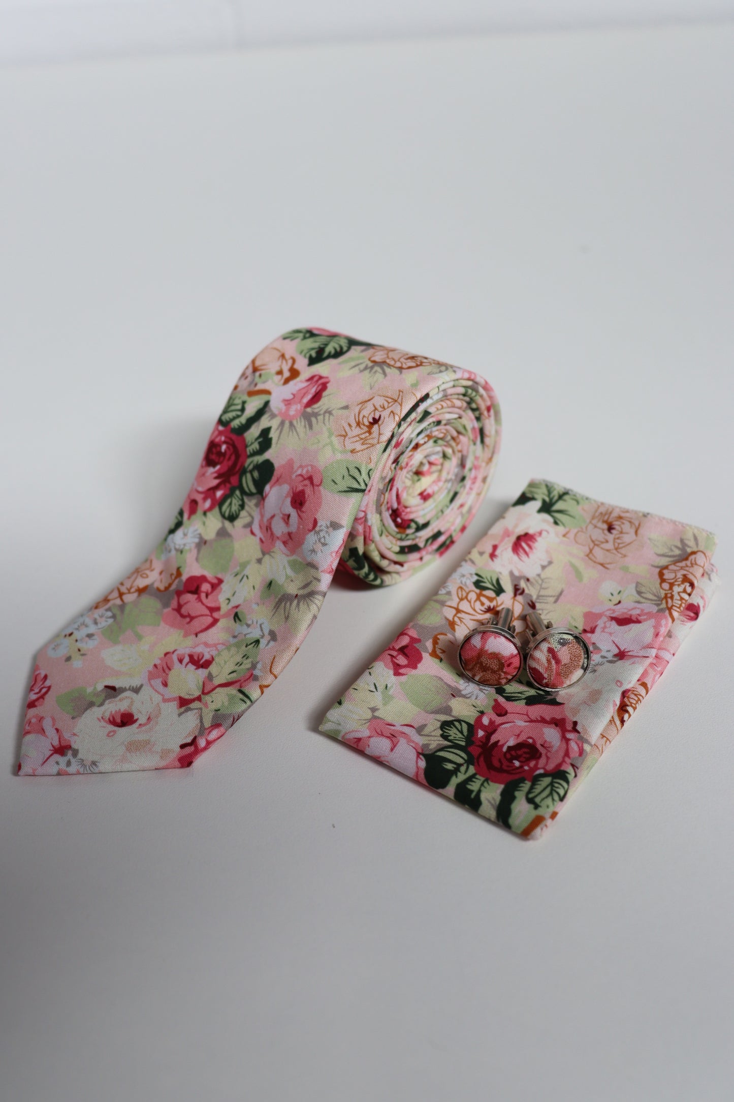 Floral pink cotton tie set with matching pocket square and cufflinks, men’s wedding and prom accessories