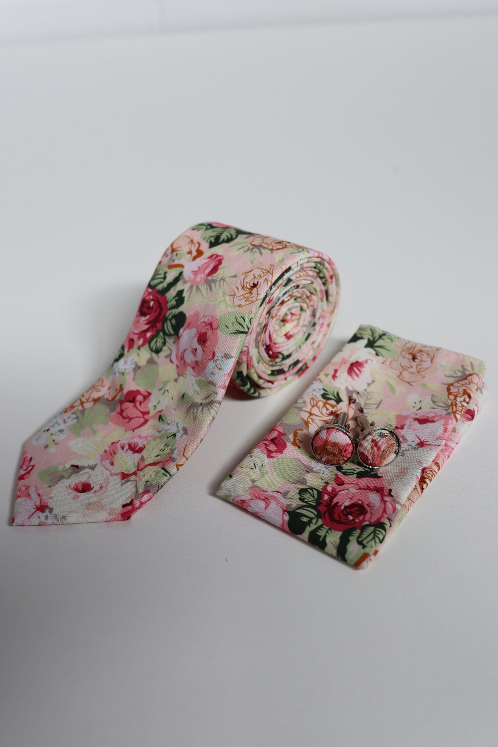 Floral pink cotton tie set with matching pocket square and cufflinks, men’s wedding and prom accessories