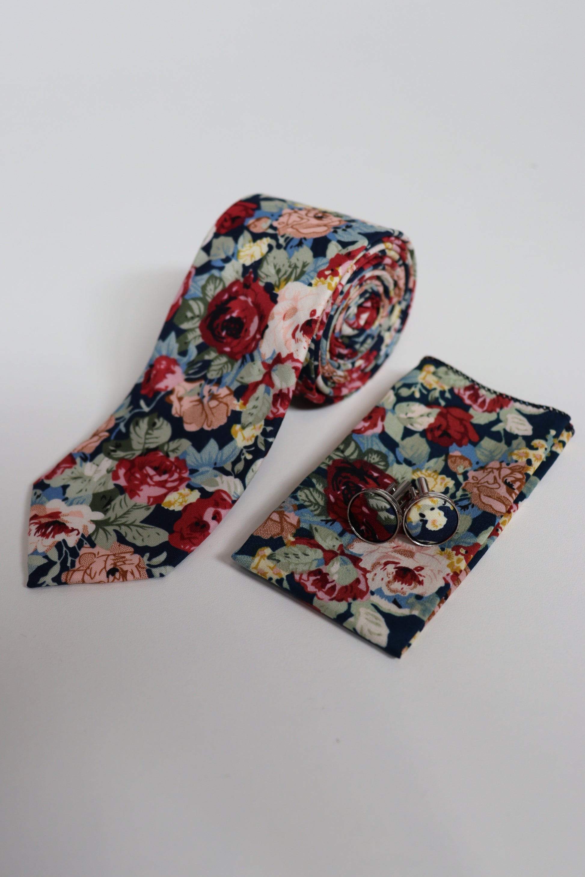 Multicolour floral tie set on navy with matching pocket square and cufflinks, men’s accessories for weddings, proms and the races