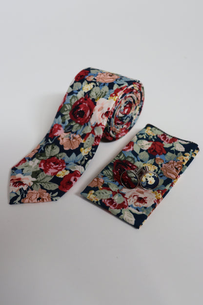 Multicolour floral tie set on navy with matching pocket square and cufflinks, men’s accessories for weddings, proms and the races