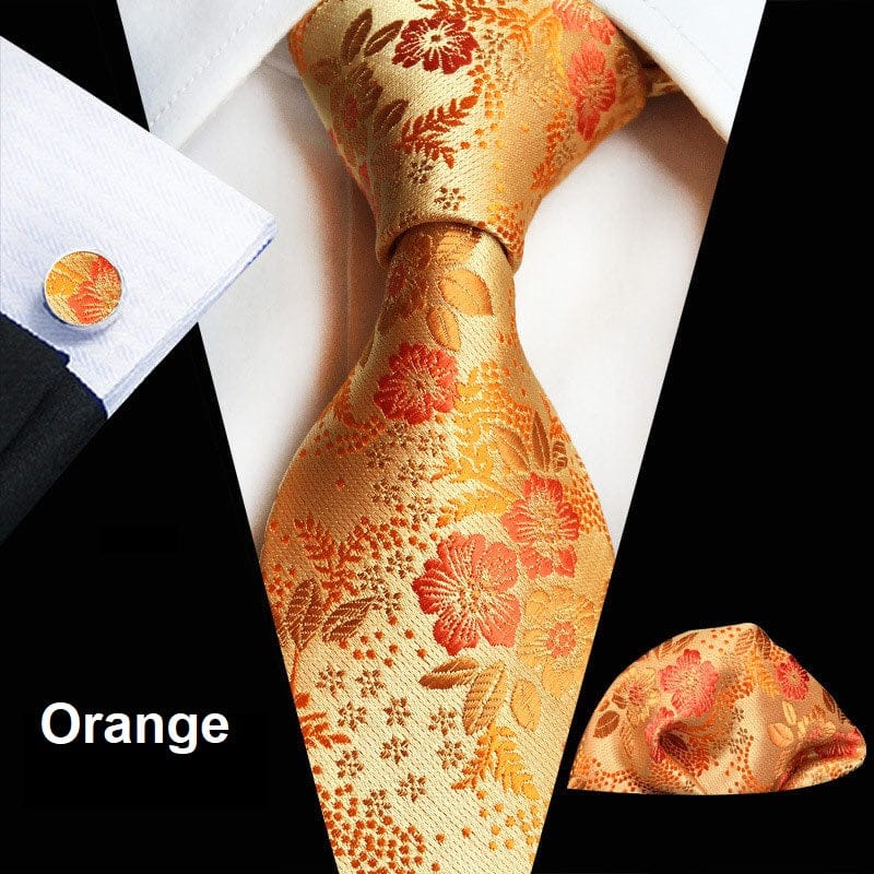 Floral Silk Tie Pocket Square Handkerchief Cufflink Set Necktie Hankie Wedding