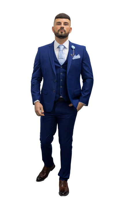 Royal Blue Check Three Piece Suit Slim Fit