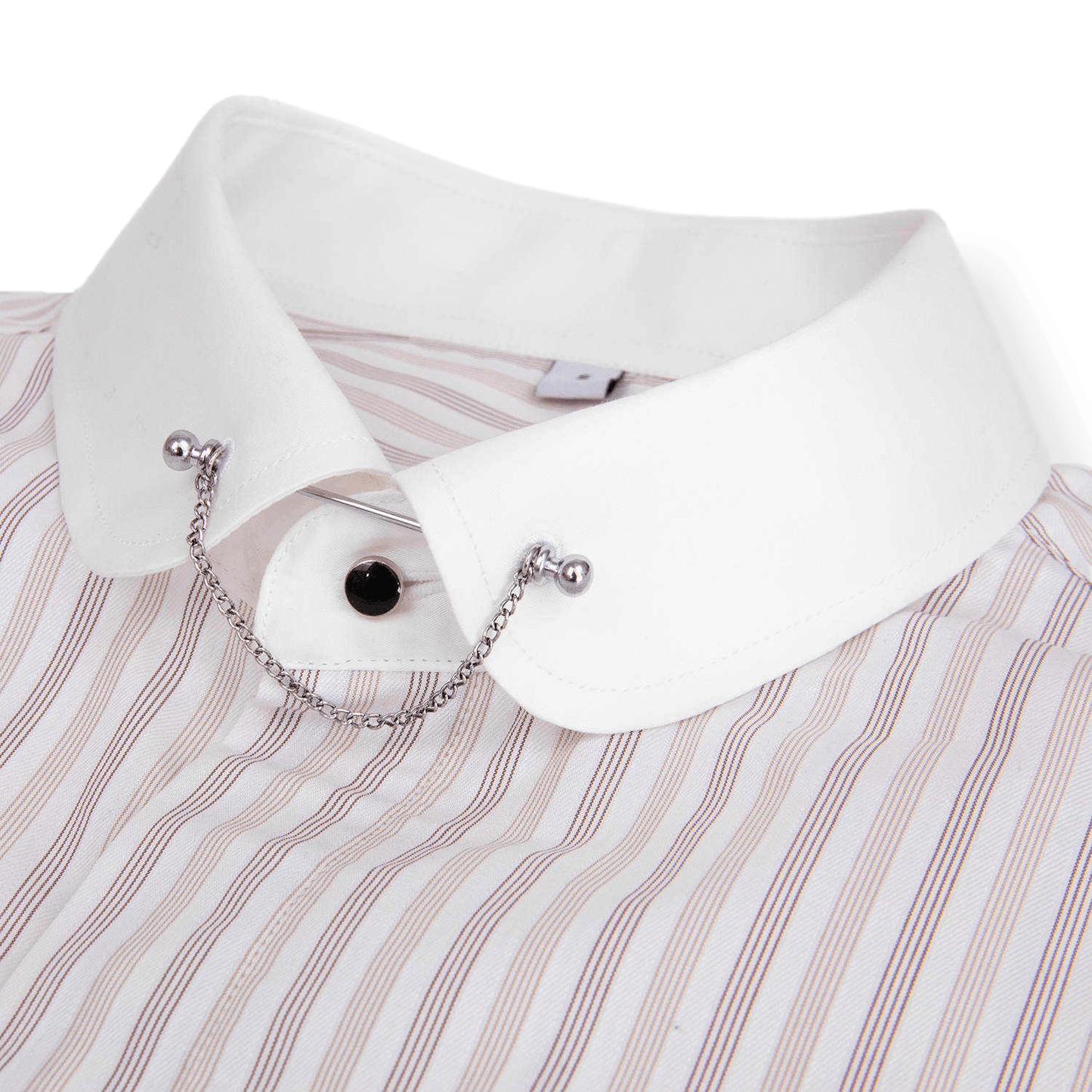 beige pinstripe with white round collar doublecuff shirt with silver chain