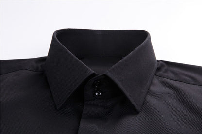 close up of collar with double collar button of the black doublecuff shirt