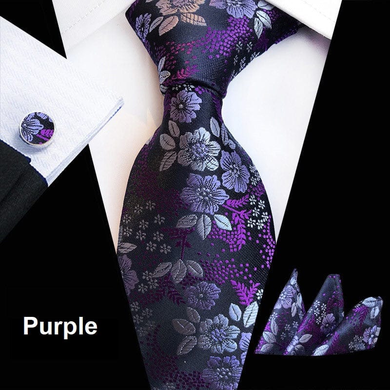 Floral Silk Tie Pocket Square Handkerchief Cufflink Set Necktie Hankie Wedding