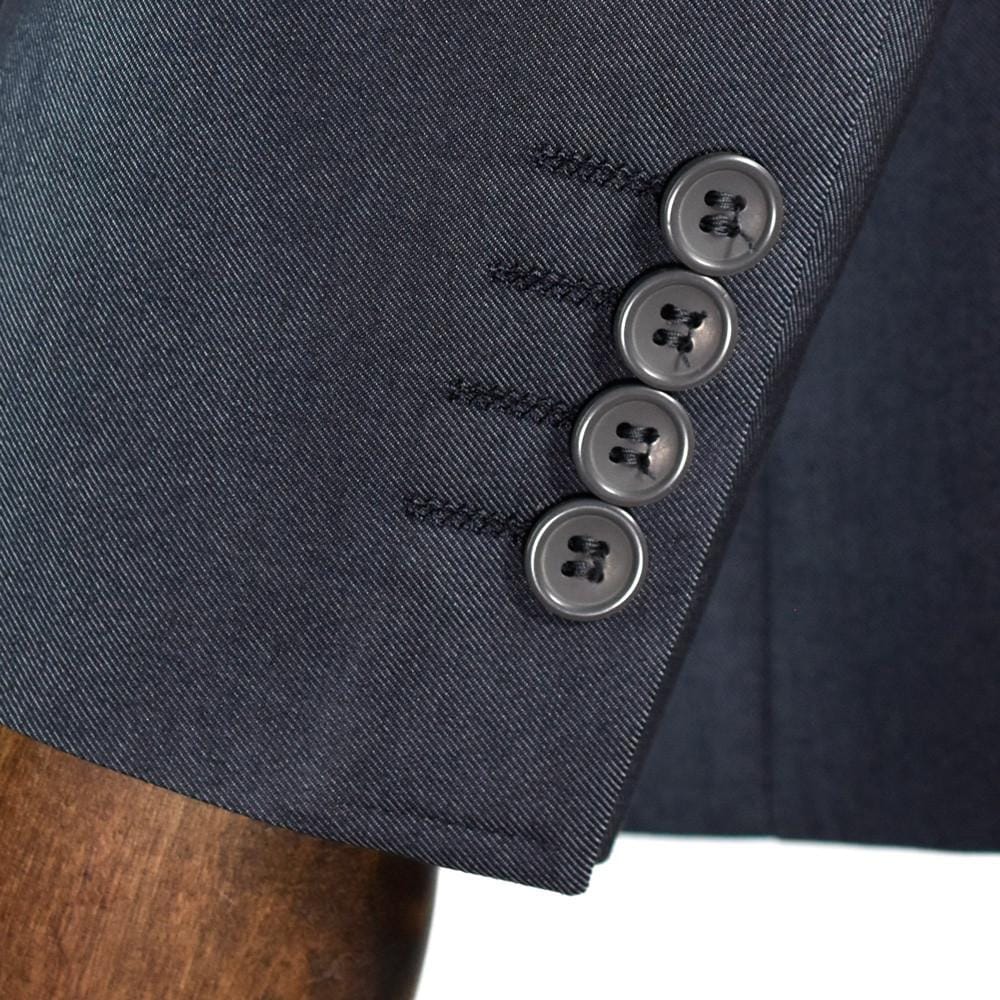 close up jacket sleeve buttons from a charcoal grey jacket