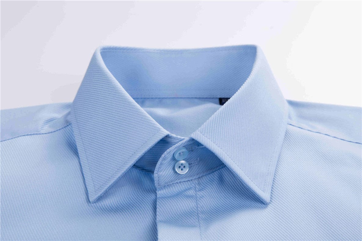 close up of double button collar on a blue doublecuff shirt