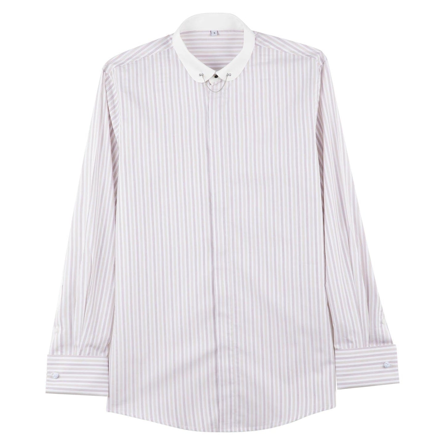 full front view of the beige pinstripe round collar doublecuff shirt showing cufflinks on sleeves