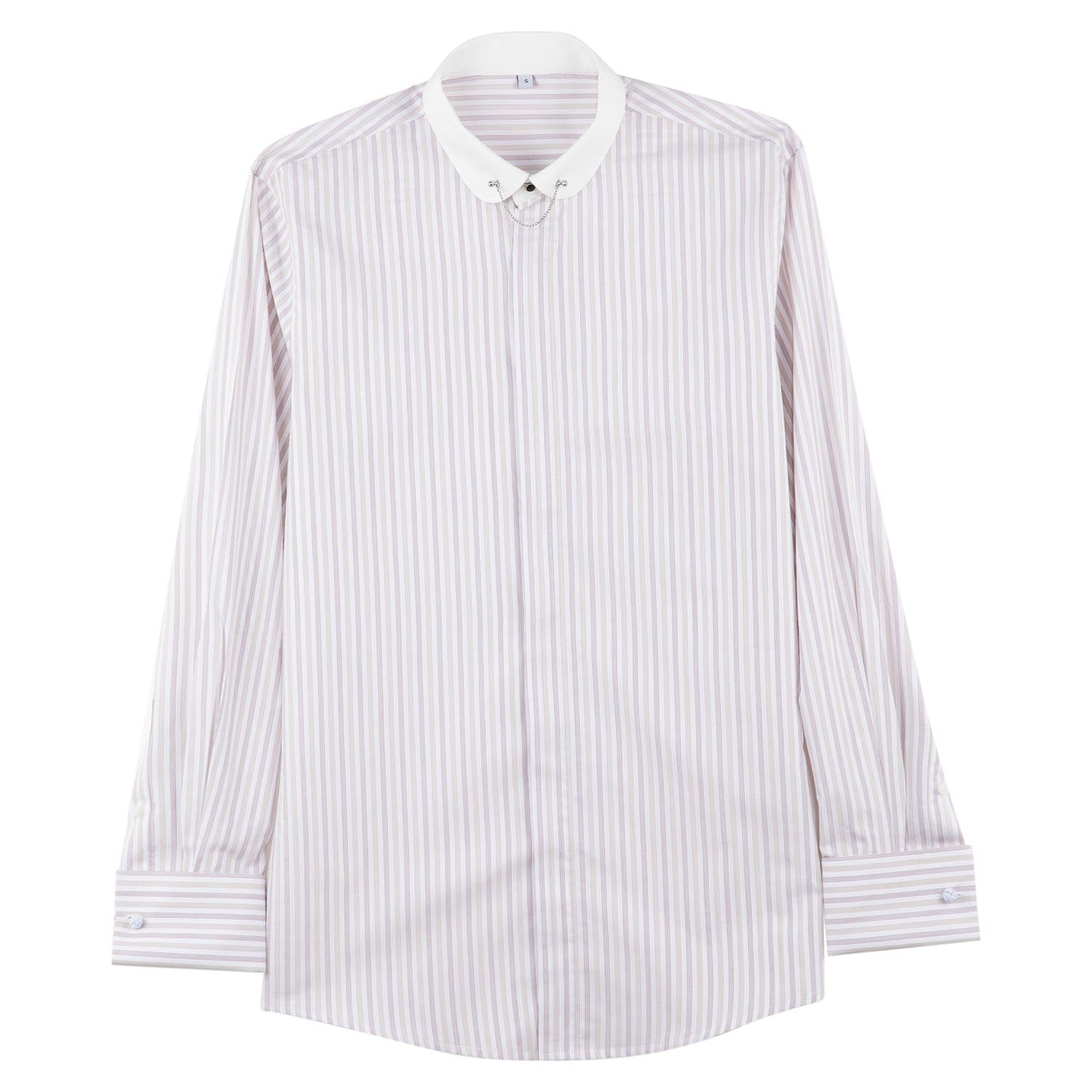 full front view of the beige pinstripe round collar doublecuff shirt showing cufflinks on sleeves